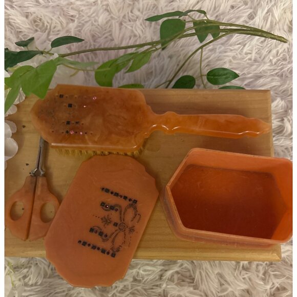 Vintage Ladies Celluloid-Bakelite Vanity  Set With Brush Scissors & Trinket Box - Picture 9 of 16